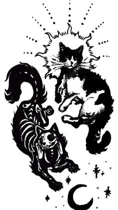 an ink drawing of two cats and a cat on top of each other, with stars in the background