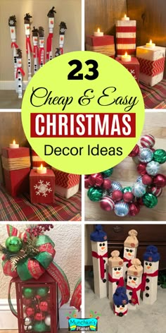 christmas decorations and gifts are featured in this collage with the words 23 cheap and easy christmas