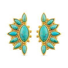 There’s nothing sweeter than the Hummingbird Earrings. This statement stud earring features our signature 18K gold-plated brass for a hypoallergenic look. At the center of the earring is a larger oblong turquoise stone, adorned on one side with small, teardrop stones and on the other with studded accents. Secure the earrings using the post backs for effortless wear that scales from casual to formal. This versatile turquoise earring looks stunning when paired with the Zion Ring or Zion Cuff. DETA Turquoise Statement Earrings, Fort Worth Stockyards, Turquoise Earring, Hummingbird Earrings, Arizona Turquoise, Jewelry Business, Brass Material, Turquoise Earrings, Stud Earring