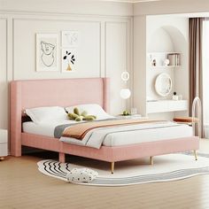 a bedroom with a pink bed and white walls