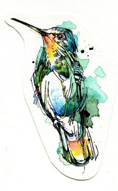 a watercolor painting of a hummingbird sitting on a branch