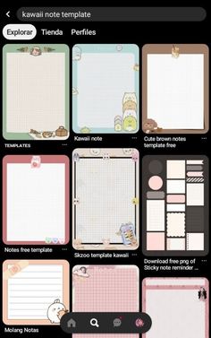 an iphone screen showing several different types of paper and sticky notes, with the text'kawaii note templates'on them