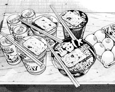 an ink drawing of food and chopsticks on a table