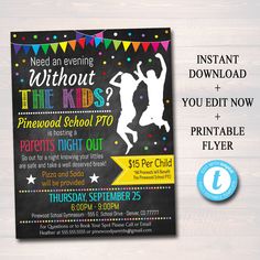 Parents Night Out Invite & Flyer - School Family Fundraiser Event - Editable DIY Template #PrintableInvitation #DateNightPoster #FundraiserEvent #FamilyGameNight #BabysitterDaycare #BusinessEvent #ChurchCommunity #ParentsNightOut #BenefitFundraiser #CharityEvent https://tidylady.net Parents Night Out Flyer, Pto Fundraisers, Parent Appreciation, Charity Work Ideas, Pta Fundraising, Fun Fundraisers, Fundraiser Event, Church Community, Fundraising Activities