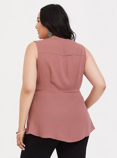 Sophistication and the latest trend collide to bring you this georgette sleeveless blouse, making summer days in the office so much better! Georgette fabric. Split neck. Sleeveless. Button front; tie front. Peplum hem. CONTENT + CAREPolyester. Wash cold; dry low. Imported plus size tank tops. SIZE + FITModel is 5'10”, size 1. Size 2 measures 31” from shoulder. The best plus size women's peplum georgette button-front tie-front blouse sleeveless & tank tops in walnut made of georgette. Rock your l Feminine Sleeveless Blouse For Work, Feminine Sleeveless Blouse Tank Top For Work, Black Beachwear, Blouse Images, Evening Blouses, Flattering Tops, Sheer Shorts, Peplum Styles, Blouse Sleeveless