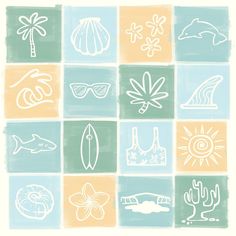 an illustration of various beach related items in pastel colors