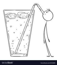 cartoon stick figure leaning on a tall glass with ice cubes and water in it