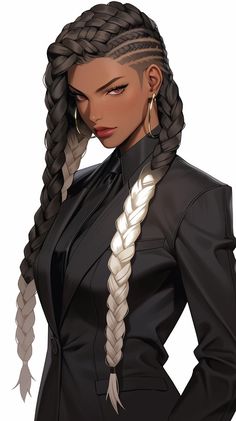 a woman with long braids standing in front of a white background and wearing a black suit