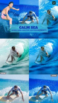 multiple images of people riding surfboards in the ocean with caption that reads calm sea