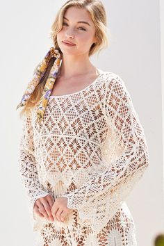 Crochet Boatneck Pullover This crochet lace kimono pullover is ideal for layering during seasonally warm temperatures or for use as a beach garment. Deets: Open- Crochet Cardigan. Color: Natural Lace Kimono, Cropped Jumpsuit, Graphic Apparel, Shoe Gifts, Festival Wedding, Boat Neck, Crochet Cardigan, Sweater Shop, Tee Shop