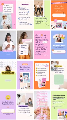 a collage of different images with the same texting and pictures on them, all in pastel colors