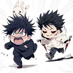 two anime characters with black hair and one has an angry look on his face