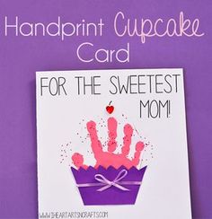 a handprint cupcake card for the sweetest mom on purple paper with pink icing