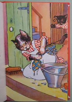 an illustration of a cat that is washing itself in a bucket with another cat behind it