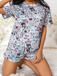 Women's Cute Puppy Pajama Set - Short Sleeve Top And Elastic Shorts For Comfortable Sleep And Lounging Grey Cute,Romantic,Casual-Woman  Short Sleeve Knitted Fabric Cartoon,Letter,Random Print Short Sets,Sleepshirts Slight Stretch All Women Sleep & Lounge, size features are:Bust: ,Length: ,Sleeve Length: Puppies In Pajamas, Elastic Shorts, Sleepwear Sets, Cute Puppy, Short Pajama Set, Sleep Comfortably, Sleepwear Women, Patterned Shorts, Short Sleeve Top