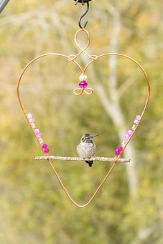 a small bird sitting on top of a metal heart shaped ornament hanging from a tree