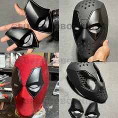 four different views of a deadpool mask and the other half of it's face