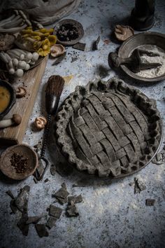 an old cast iron pie pan sitting on top of a table