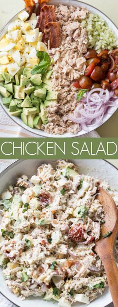 chicken salad with lettuce, tomatoes, cucumbers and other ingredients