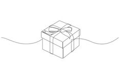 a line drawing of a present box with a bow on it's ribbon tied around the edge