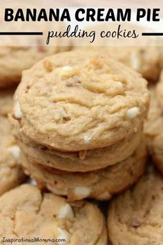 banana cream pie pudding cookies stacked on top of each other with the title above it