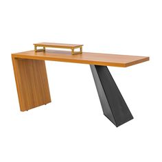 an office desk with a wooden top and metal legs on the bottom, against a white background