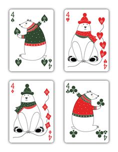 four playing cards with polar bears in sweaters and hats on them, one has hearts