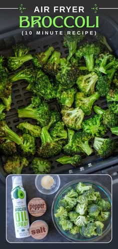 broccoli is being cooked in an air fryer with the words air fryer broccoli recipe