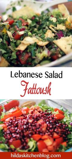 two plates filled with salad and topped with tortilla chips, lettuce, tomatoes and pomegranates