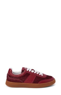 Mixed textures and a padded collar create a retro aesthetic on a low-profile sneaker grounded by a classic cupsole. 1" heel Lace-up style Leather or genuine calf-hair upper/leather lining/synthetic sole Imported Burgundy Leather Sneakers With Red Sole, Burgundy Sneakers With Contrast Sole And Round Toe, Burgundy Leather Low-top Sneakers, Casual Burgundy Sneakers With Contrast Sole, Classic Burgundy Sneakers With Round Toe, Classic Burgundy Round Toe Sneakers, Red Fits, Platform Slippers, Maternity Shops