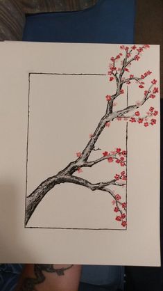 a drawing of a tree with red flowers