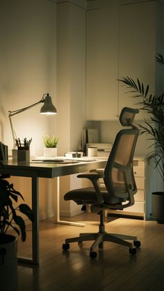 an office chair sitting in front of a desk with a lamp on top of it