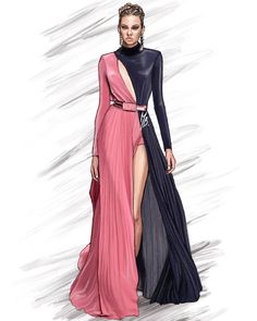 a drawing of a woman in a long dress with high slits on the runway