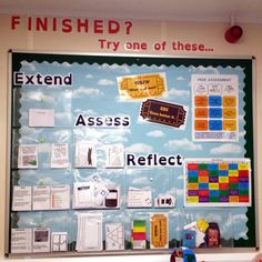 a bulletin board with words and pictures on it that read, finished? try one of these