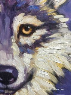 an oil painting of a wolf's face with yellow and purple colors on it