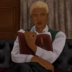 a painting of a man sitting on a couch with a book in his lap and looking at the camera