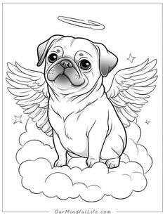 a pug dog with angel wings sitting on top of a cloud in the sky