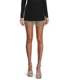 From Gianni Bini&#x2C; this skirt features:Crepe fabricationA-line silhouetteHigh rise waistbandRhinestone fringe detailBack zip closureApprox. 16.25" lengthPolyester /elastaneDry cleanImported. Embellished Fitted Bottoms For Cocktail, Embellished Mini Skirt For Cocktail, Embellished Fitted Skirt For Fall, Fall Embellished Fitted Skirt, Elegant Short Cocktail Bottoms, Chic Embellished Mini Bottoms, Embellished Mini Skirt For Evening, Short Lined Skirt For Evening, Embellished Mini Bottoms For Night Out