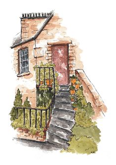 a watercolor painting of a house with steps leading up to the front door and potted plants next to it