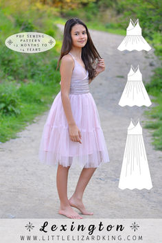 The Lexington Dress & Top Sewing Pattern (sizes 12 months - 14 years) features a crossover front bodice with an optional gathered or flat bodice band. Choose from skirt options including a simple skirt in top, dress, and maxi lengths, or elevate the style with a tiered tulle dress or a dreamy tulle maxi dress. The strappy back with tie closure and elastic casing adds a delightful and adjustable touch. Perfect for special occasions or everyday magic!