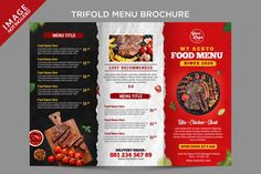 a brochure for a restaurant with food items on the front and back cover