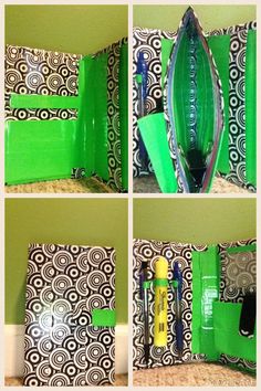 four photos of different items in a green and black case with white circles on it