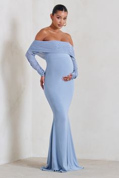 What maxi dress could be more perfect for a birthday or baby shower than this aptly-named option. Pretty Perfect? Designed in our signature stretch jersey with ruched mesh overlays. this blue maternity dress features a demure Bardot neckline. long sheer sleeves and a floor-sweeping skirt in a fishtail silhouette.Features- Premium stretch jersey and mesh- Fully ruched- Bardot neckline- Sheer mesh sleeves- Fishtail skirt- Maxi lengthSizing & FitModel is 5.'8.5" and wears UK Size 8 / US Size 4Produ Blue Maternity Dress, Bardot Neckline, Fishtail Skirt, Skirt Maxi, Mesh Sleeves, Maternity Dress, Sheer Sleeves, Club Dresses, Powder Blue