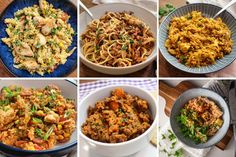 six different pictures of various food items in bowls and pans, including rice, chicken, noodles, and vegetables