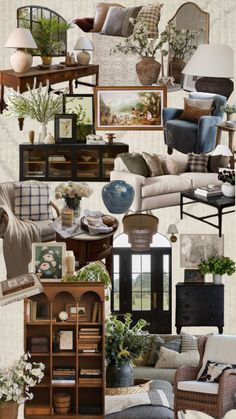 a collage of furniture and decor in shades of brown, blue, beige and white