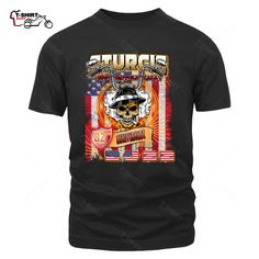 a black t - shirt with an american flag and skull on the front, says stup