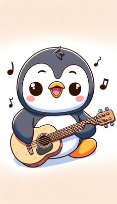 a penguin with a guitar and music notes