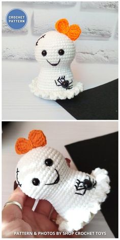 crocheted white doll with orange hair and black eyes holding it up to the camera