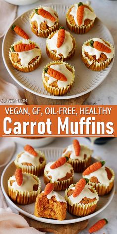 carrot muffins with cream cheese frosting and fresh carrots on the side