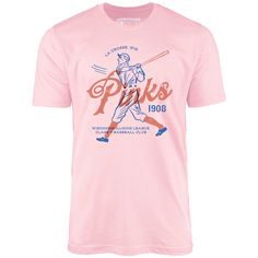 La Crosse Pinks - Wisconsin - Vintage Defunct Baseball Teams - Unisex T-Shirt – m00nshot College Throwback T-shirt With Team Logo, Collegiate Baseball Jersey With Graphic Print For Fans, Pink T-shirt For Baseball Season With Team Name, Pink Graphic T-shirt For Baseball Season, Pink Graphic Print T-shirt For Baseball Season, Retro Sports Tops For Baseball Season, Throwback Baseball Season Fan T-shirt, Throwback Baseball Fan Merchandise T-shirt, Vintage Team Logo T-shirt For Fans